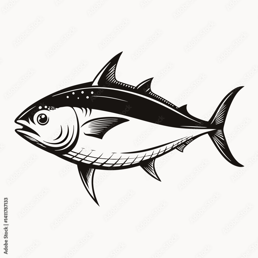 Obraz premium Monochrome Tuna Illustration Detailed Black and White Fish Drawing