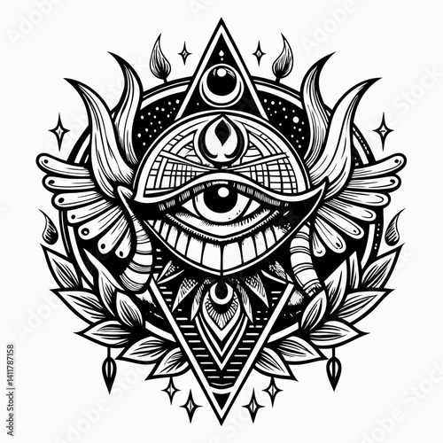 Mystical All Seeing Eye in Ornate Geometric Design with Wings and Leaves