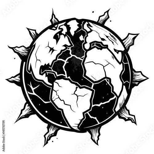 Cracked Earth  Illustration Black and White Planet with Fractures and Explosions