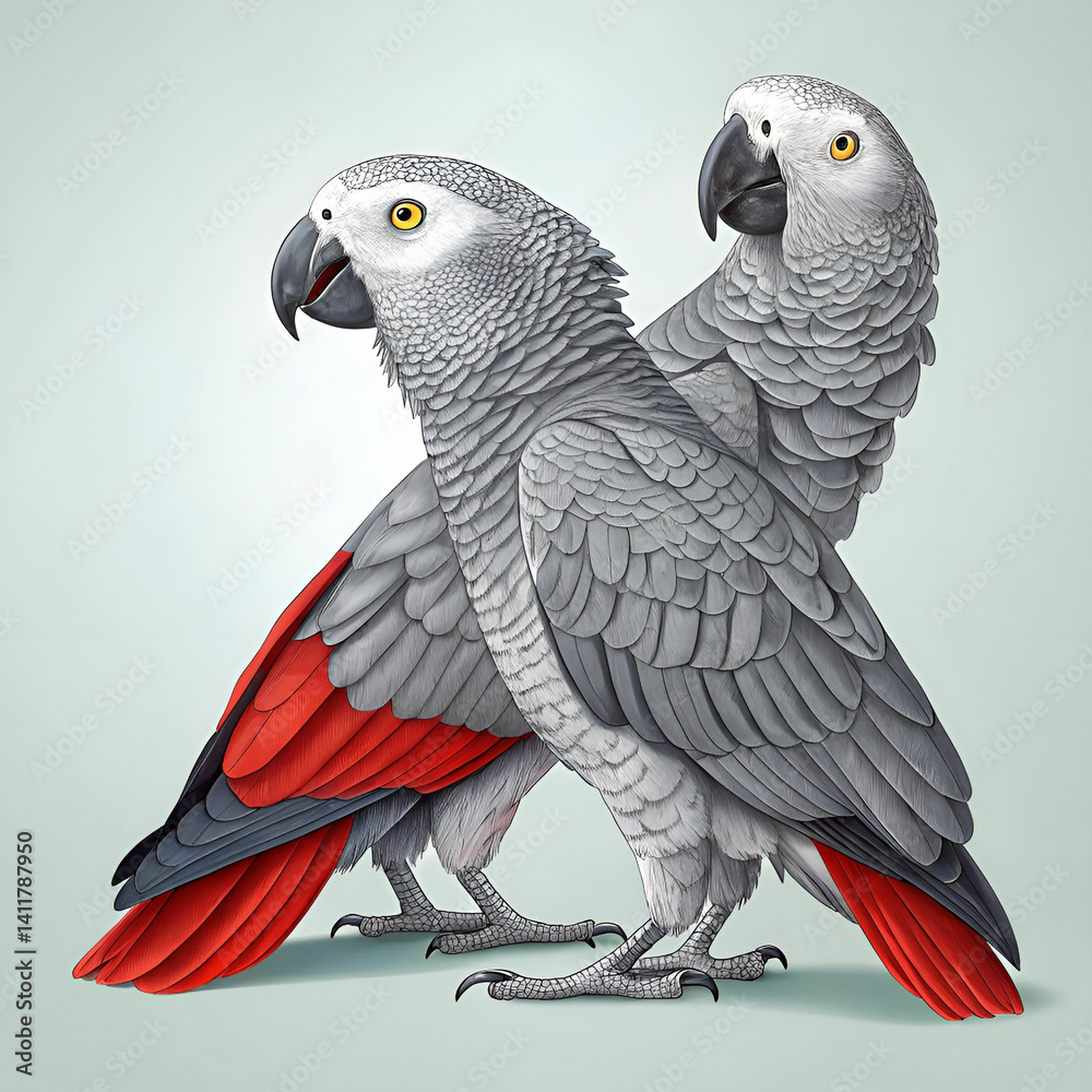 Fototapeta premium African grey parrots, ultra-detailed full-body view, showcasing their striking feathers, intelligent eyes, and vibrant colors in a natural, lifelike setting with rich textures and fine details.