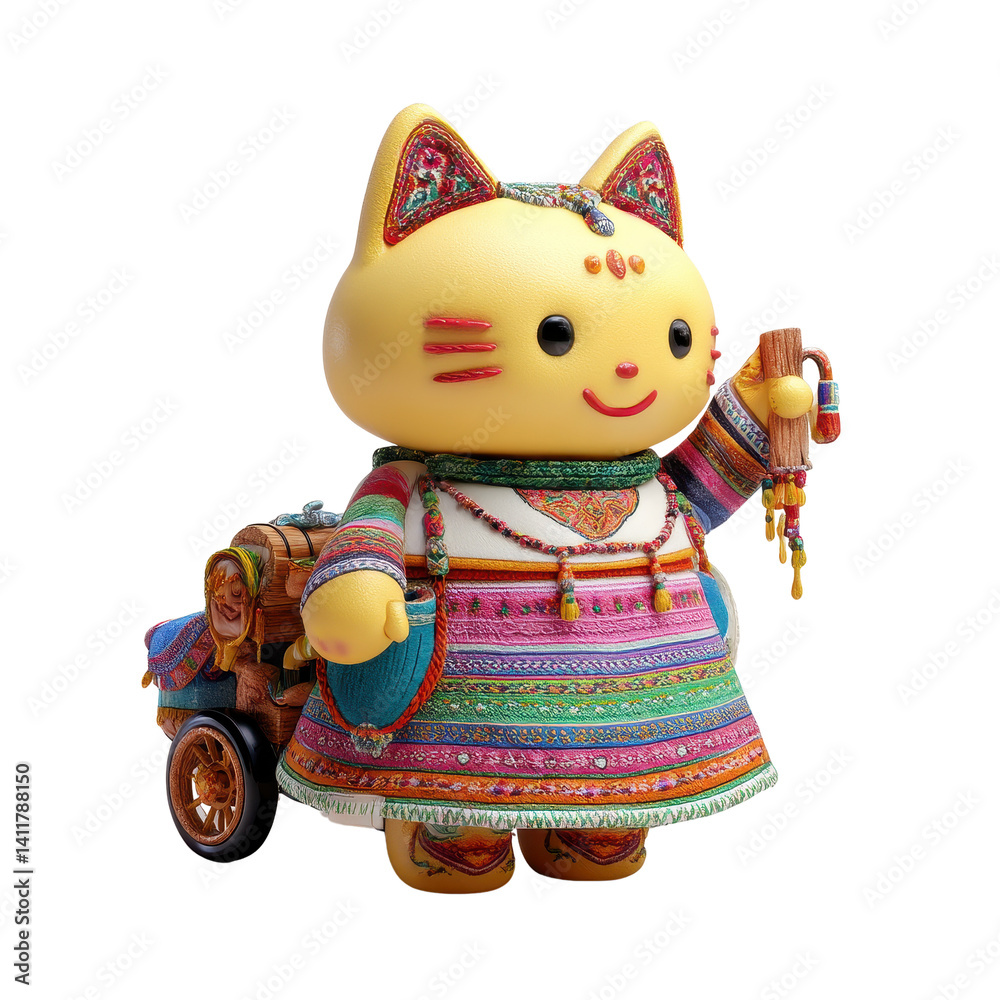 Fototapeta premium Adorable Yellow Cat Figurine in Vibrant Ethnic Dress Pulling a Cart