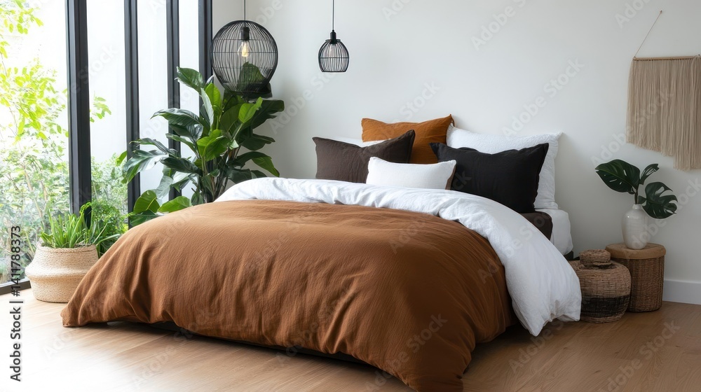 Warm inviting bedroom interior featuring a bed with a rust-colored duvet and decorative pillows, enhanced by natural light and indoor plants against a white wall. Woven baskets add texture to the