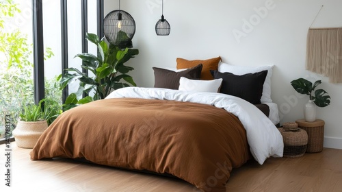 Obraz na płótnie Warm inviting bedroom interior featuring a bed with a rust-colored duvet and decorative pillows, enhanced by natural light and indoor plants against a white wall. Woven baskets add texture to the w salonie