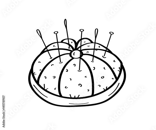 Needler doodle icon. A soft cushion with needles and pins for needlework. Vector illustration of an isolate on a white background.