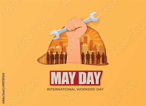 May Day Illustration with Fist and Workers Silhouette