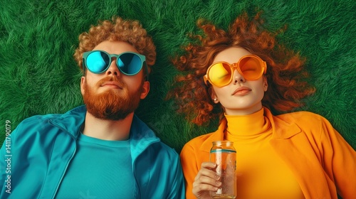 Stylish couple relaxing on green grass wearing colorful sunglasses during a sunny day outdoors
