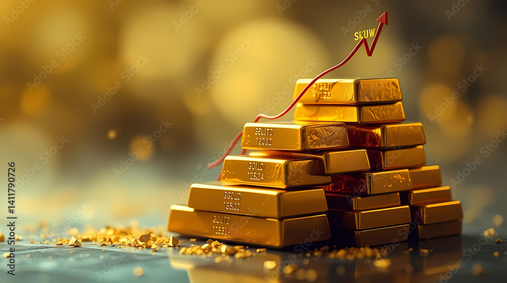 A stack of gold bars with a red upward arrow A stack of gold bars with a red upward arrow