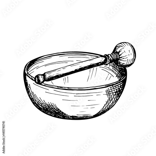 Singing bowl for meditation, relaxation, sound therapy drawing illustration. Singing bowl with a drumstick, traditional Tibetan instrument sketch engraving style vector. Hand drawn line art clipart