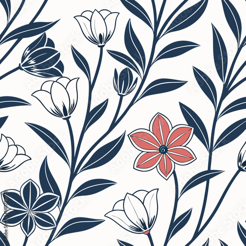 Seamless floral vector pattern with blue and red flowers on white background  