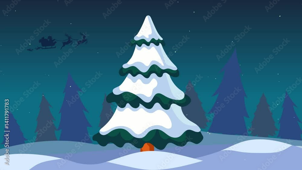 Looping 4K Christmas animation of a snowy fir tree in a peaceful night forest. Santa's sleigh with reindeer flies across a starry sky, creating a magical and festive winter mood. Looping 4K Christmas animation of a snowy fir tree in a peaceful night forest. Santa's sleigh with reindeer flies across a starry sky, creating a magical and festive winter mood.