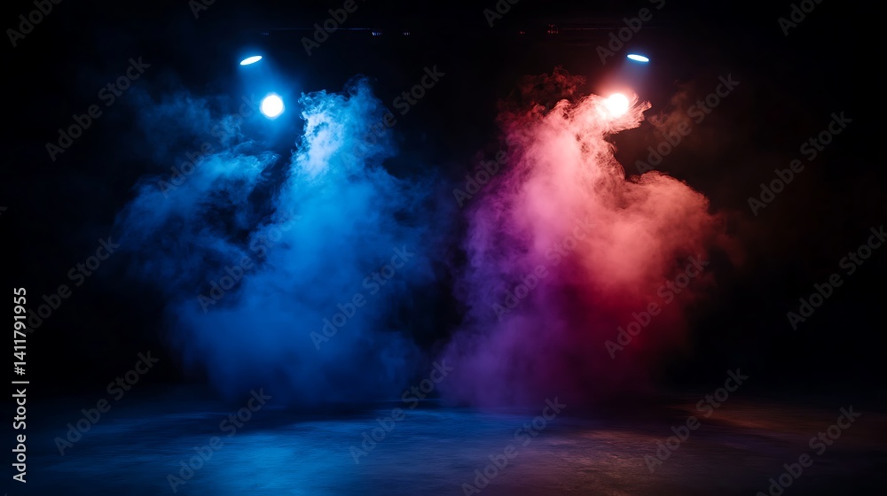 Fototapeta premium Neon Stage Smoke Blue Red Light Show.