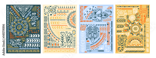 Set of ethnic tribal posters with different Aztec wall arts. Backgrounds with ancient elements, symbols of Mexican or Navajo culture. Maya ornament, peruvian pattern. Flat vector illustrations