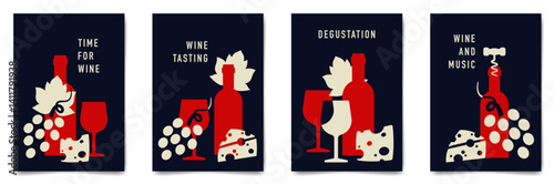 Set of minimalist wine tasting poster design. Flat vector illustration. Bottles of wine, glasses, grapes and cheese.