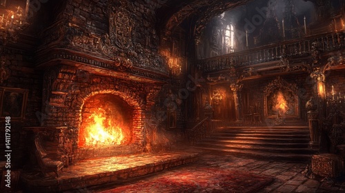 Dark Castle Interior with Glowing Fireplace