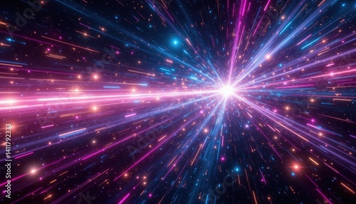 Colorful streams of light race through space showing cosmic energy and intricate galactic formations.