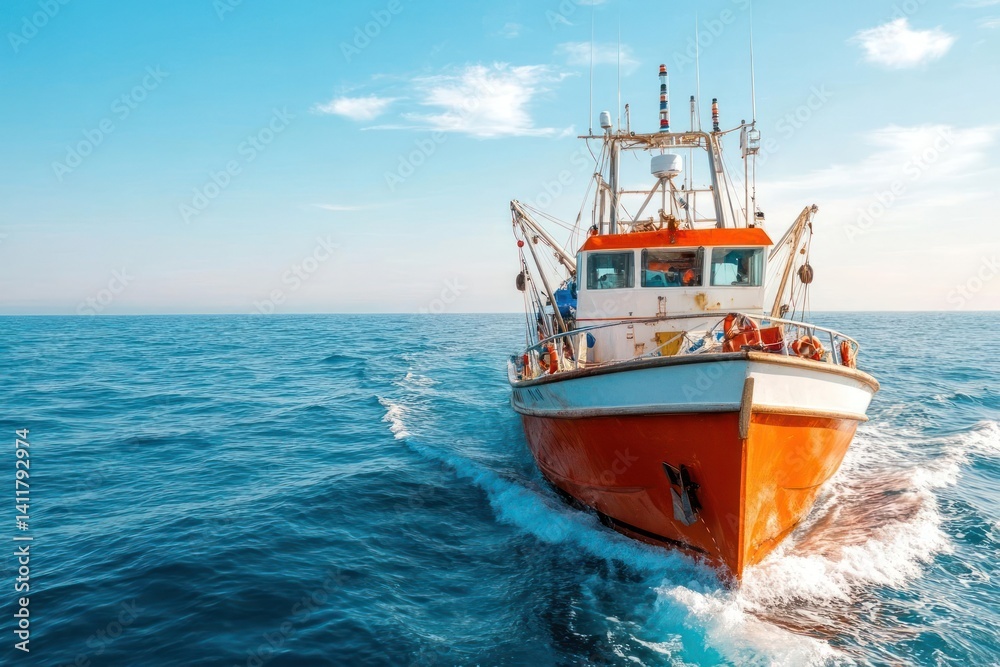 Angled eye-level medium shot of a vibrant orange and white fishing trawler vessel cutting through deep blue sea under clear blue sky with faint white clouds, creating a picturesque marine scene Angled eye-level medium shot of a vibrant orange and white fishing trawler vessel cutting through deep blue sea under clear blue sky with faint white clouds, creating a picturesque marine scene