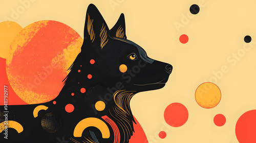 Stylized Black Dog Portrait with Gold Accents - Modern Design
