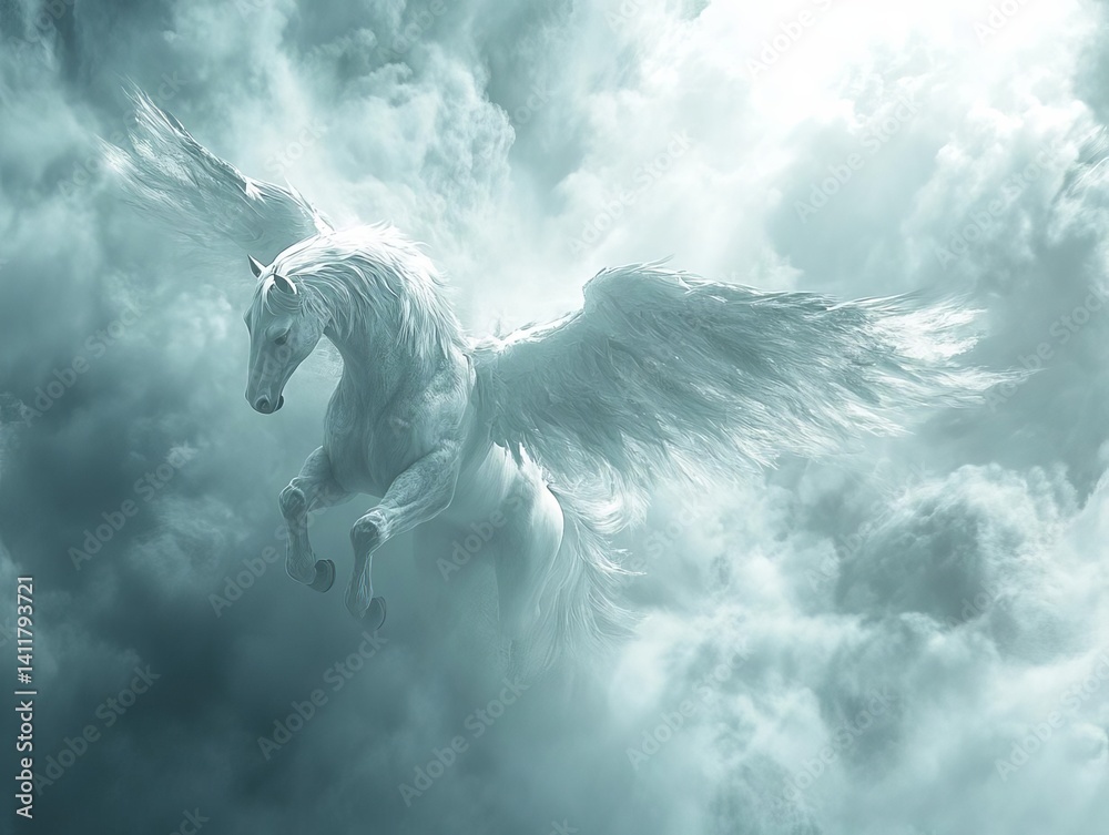 Obraz premium A majestic winged horse soaring through dreamy clouds, embodying grace and fantasy.