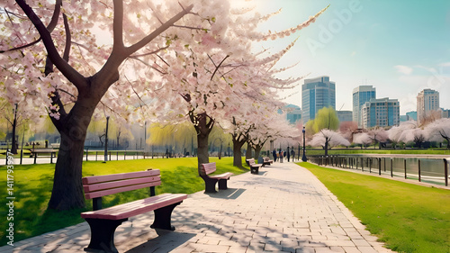 2D background of a sunny city park in spring, cherry blossom trees in full bloom, benches, walking paths, and distant in the background, soft pastel color