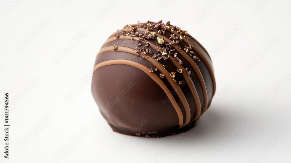 Obraz premium A beautifully crafted chocolate sphere with alternating dark and white chocolate stripes, showcasing an elegant dessert.
