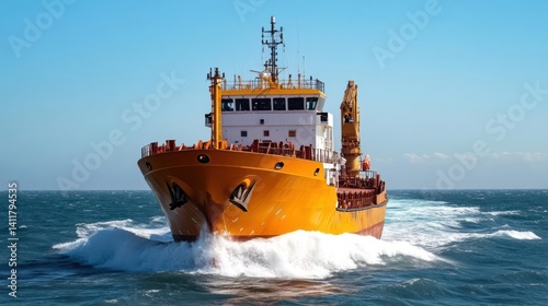 Yellow cargo ship sails on the open blue sea under clear sky. The ship is bright yellow. Sea waves surround the ship as it move forward. The sea and the sky blend with the horizon, creating a serene photo