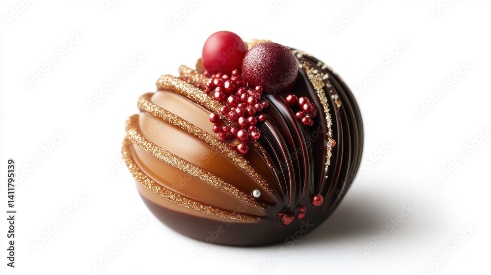 Fototapeta premium A beautifully crafted chocolate sphere with alternating dark and white chocolate stripes, showcasing an elegant dessert.