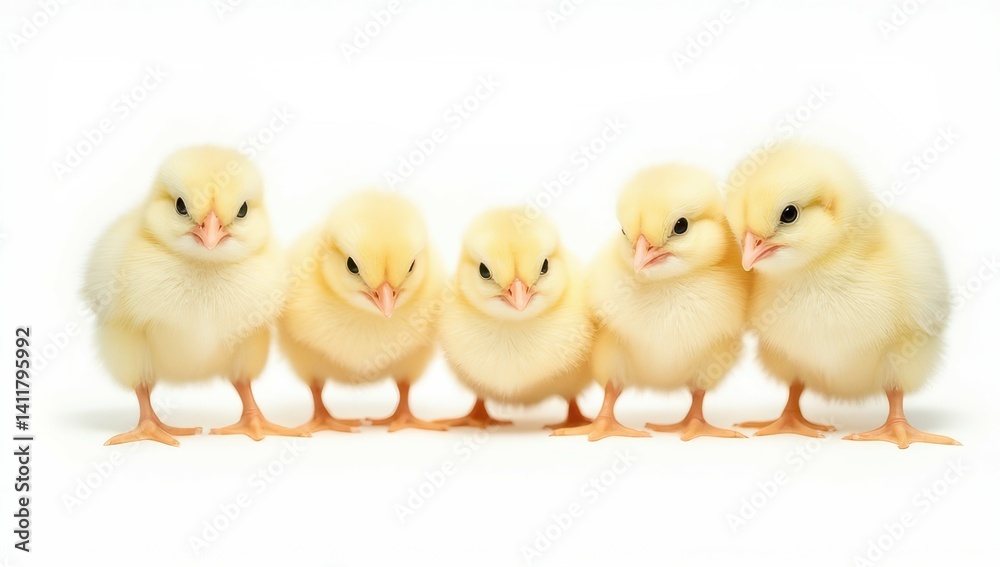 Five Cute Baby Chicks on White Background Five Cute Baby Chicks on White Background