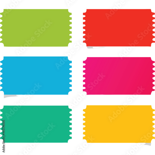 Six colorful perforated ticket stubs, ideal for various design projects.
