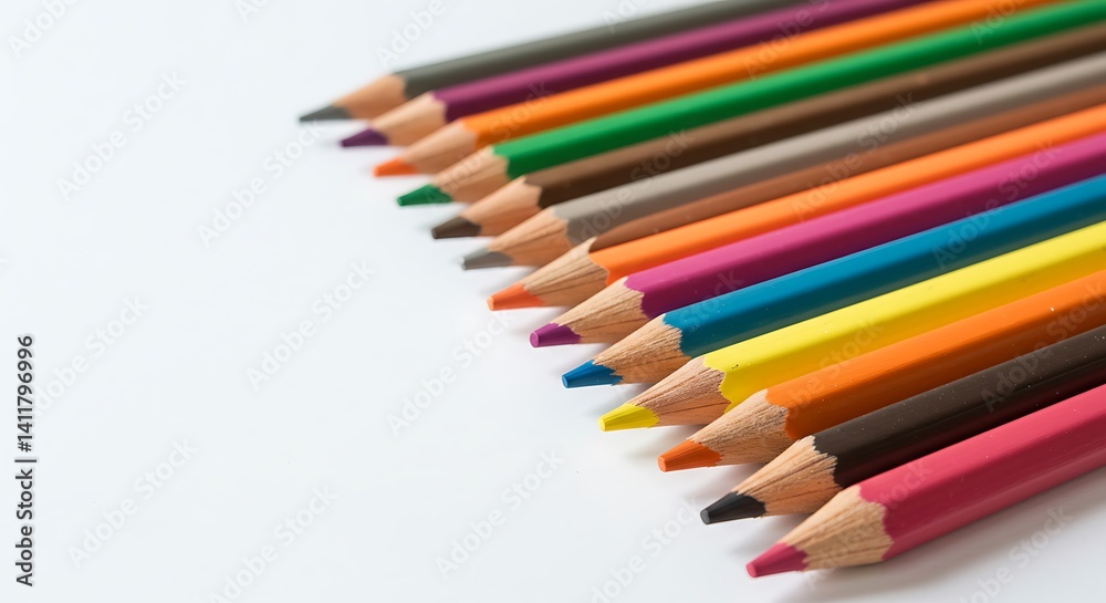 Colorful Pencils Arranged on White Background Art Supplies Close Up View Colorful Pencils Arranged on White Background Art Supplies Close Up View