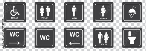 Gender neutral restroom signs set. All gender neutral toilet icons collection. Vector flat solid pictogram on black circle for web, mobile app, office, mall. 