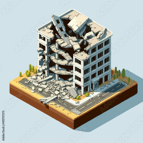 A vector illustration of a damaged building icon. Isometric building destroyed by war or a natural