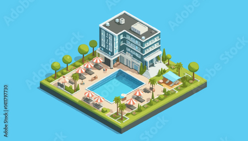 Isometric hotel building with pool low poly illustration