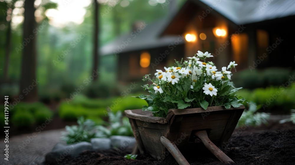 This image features a wheelbarrow filled with white daisies in front of a blurred house. The scene is set in a garden with lush greenery, creating a serene and natural ambiance This image features a wheelbarrow filled with white daisies in front of a blurred house. The scene is set in a garden with lush greenery, creating a serene and natural ambiance