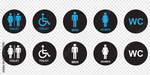 Gender neutral restroom signs set. All gender neutral toilet icons collection. Vector flat solid pictogram on black circle for web, mobile app, office, mall. 