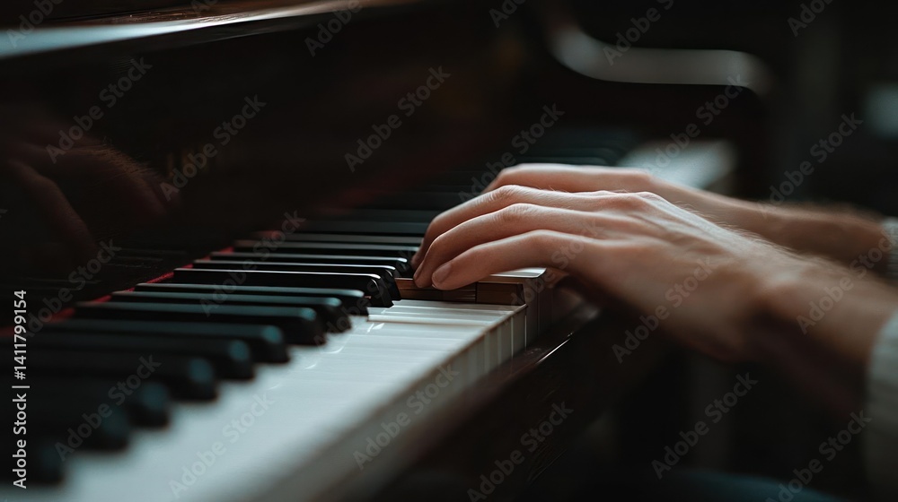Close up shot of hands playing a black piano with keys. The hands are in motion, blurred slightly, showcasing the action. The focus is on the keys and hands, capturing a moment of musical expression Close up shot of hands playing a black piano with keys. The hands are in motion, blurred slightly, showcasing the action. The focus is on the keys and hands, capturing a moment of musical expression