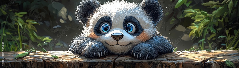 Obraz premium Adorable Young Panda with Big Eyes Resting on a Log Surrounded by Lush Greenery