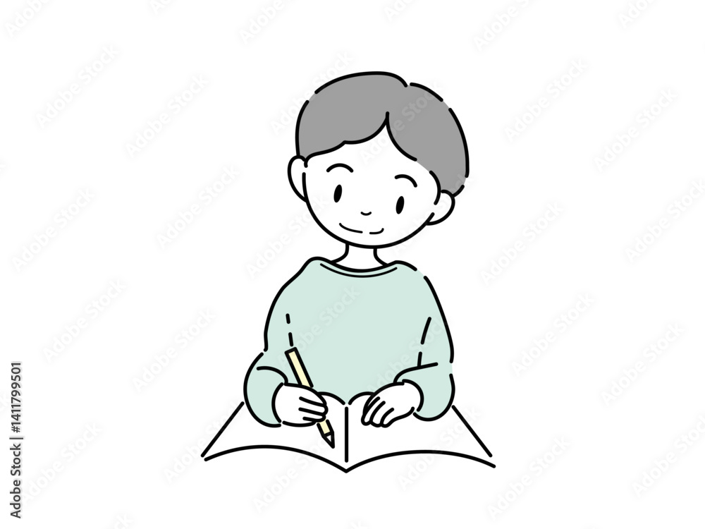 勉強するシンプルな男の子のイラスト