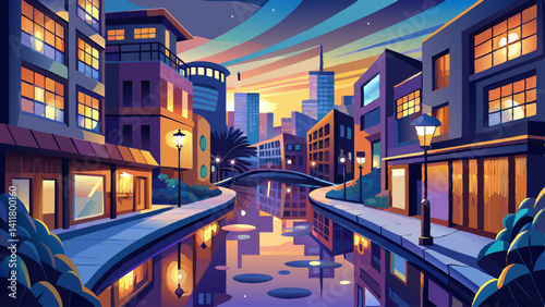 A gentle urban creek flowing between buildings, reflecting city lights at dusk