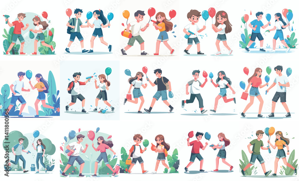 Vector illustration set of young couples running and walking outdoors while holding colorful festive balloons together.
Vector illustration set of young couples running and walking outdoors while holding colorful festive balloons together.