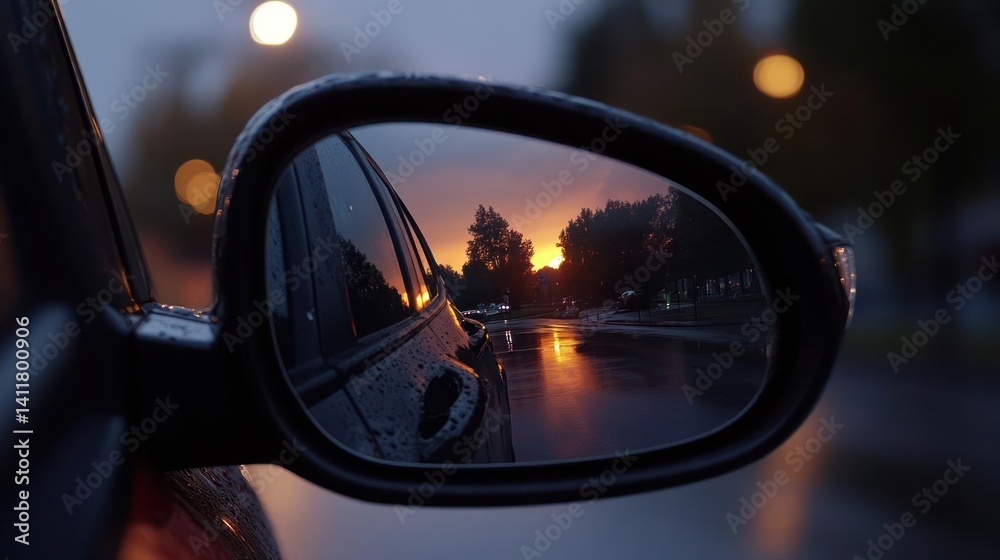 Reflection in car mirror during rainy evening with vibrant orange sunset, blurred lights, capturing a sense of motion and urban ambiance in twilight. Dark blurred car and rain drops detail Reflection in car mirror during rainy evening with vibrant orange sunset, blurred lights, capturing a sense of motion and urban ambiance in twilight. Dark blurred car and rain drops detail