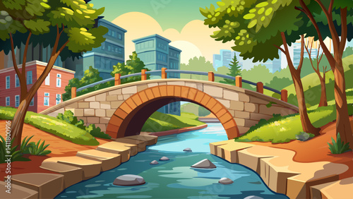 Stone bridges arch over a narrow creek winding through a quiet urban park