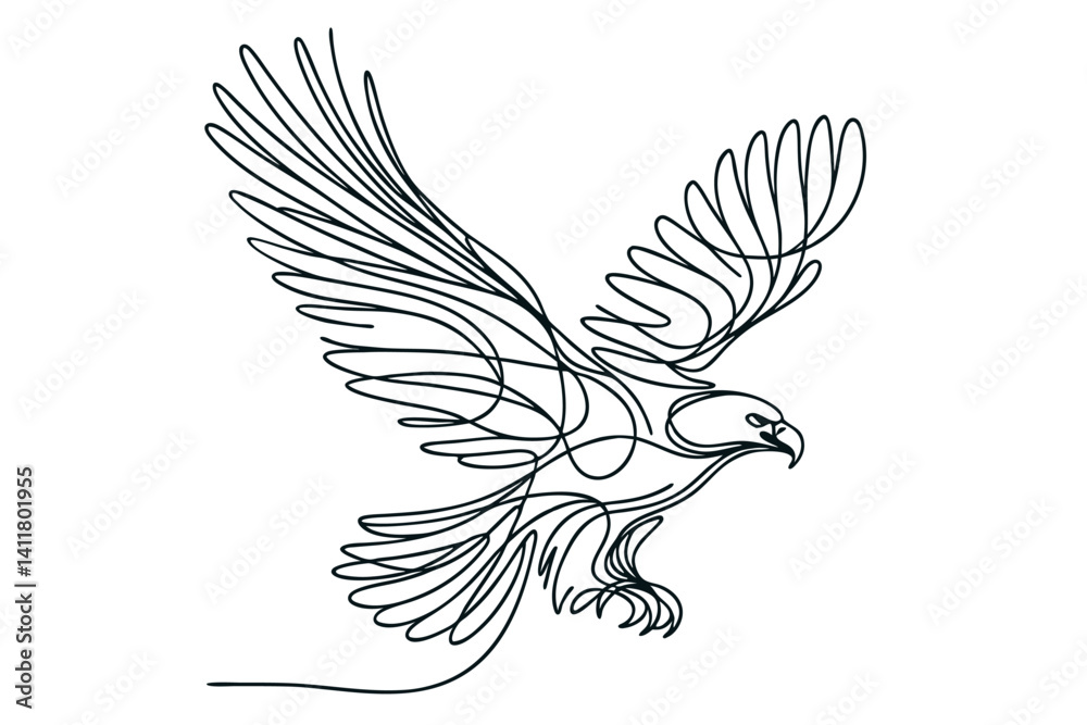 Fototapeta premium Flying Bald Eagle Minimalist Line Art Illustration. Clipart image isolated on background.