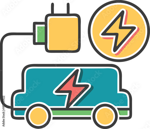 Modern Electric Car Charging with Plug Icon, Electric Vehicle Isolated on White