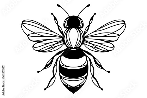 Detailed Line Art Bee with Striped Body. Clipart image isolated on background.