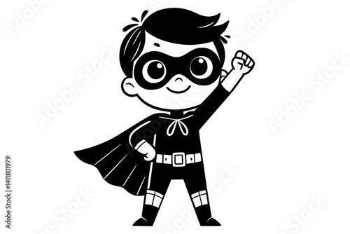 Child Superhero Icon Black and White Vector. Clipart image isolated on background.