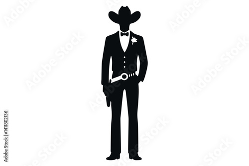 Cowboy Wedding Silhouette in Hat and Suit. Clipart image isolated on background.