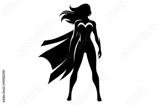 Female Superhero Silhouette with Flowing Cape Pose. Clipart image isolated on background.