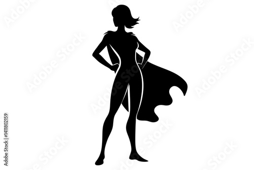Female Superhero Silhouette Standing with Cape. Clipart image isolated on background.