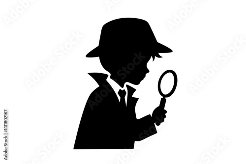 Child Detective Silhouette with Magnifying Glass Hat. Clipart image isolated on background.
