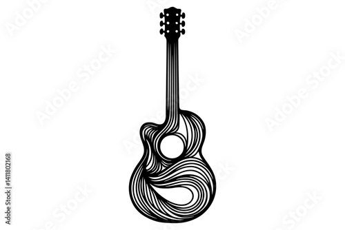 Minimalist Black and White Guitar Line Art. Clipart image isolated on background.